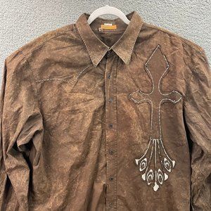 Apricottree Mens Brown Distressed Cross Embroidered Long Sleeve Button Shirt 4XL